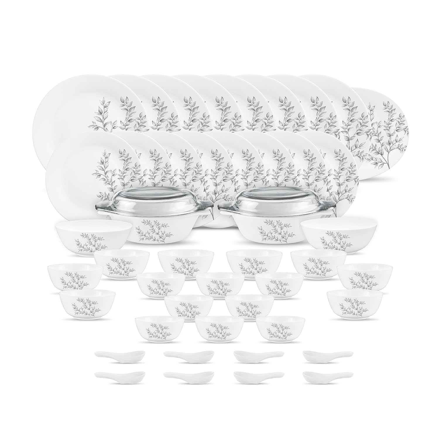 Diva by La Opala, Pearl Collection, Opal Glass Dinner Set 47 pcs, Dusky Vines, White