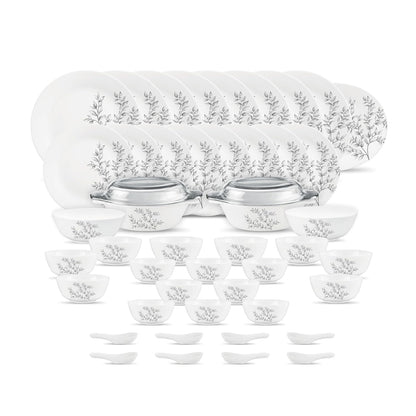 Diva by La Opala, Pearl Collection, Opal Glass Dinner Set 47 pcs, Dusky Vines, White