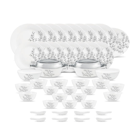 Diva by La Opala, Pearl Collection, Opal Glass Dinner Set 47 pcs, Dusky Vines, White