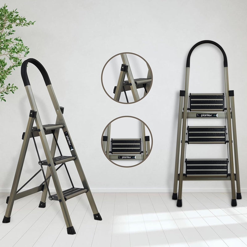 Plantex Guardex 3 Step Foldable Aluminum Ladder for Home/Anti-Slip Shoes and Edge Guards/5 Year Manufacturer Warranty Ladder for Home (Anodized Coated-Gold)