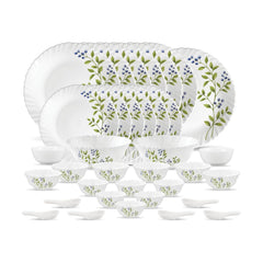 La Opala Novo Collection Opal Glass Crockery | for Family of 6 | Dinner Set 35 pcs Lush Greens | Plates & Bowls for Dining | Microwave Safe | 100% Vegetarian | Extra Strong | Light & White