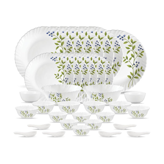 La Opala Novo Collection Opal Glass Crockery | for Family of 6 | Dinner Set 35 pcs Lush Greens | Plates & Bowls for Dining | Microwave Safe | 100% Vegetarian | Extra Strong | Light & White
