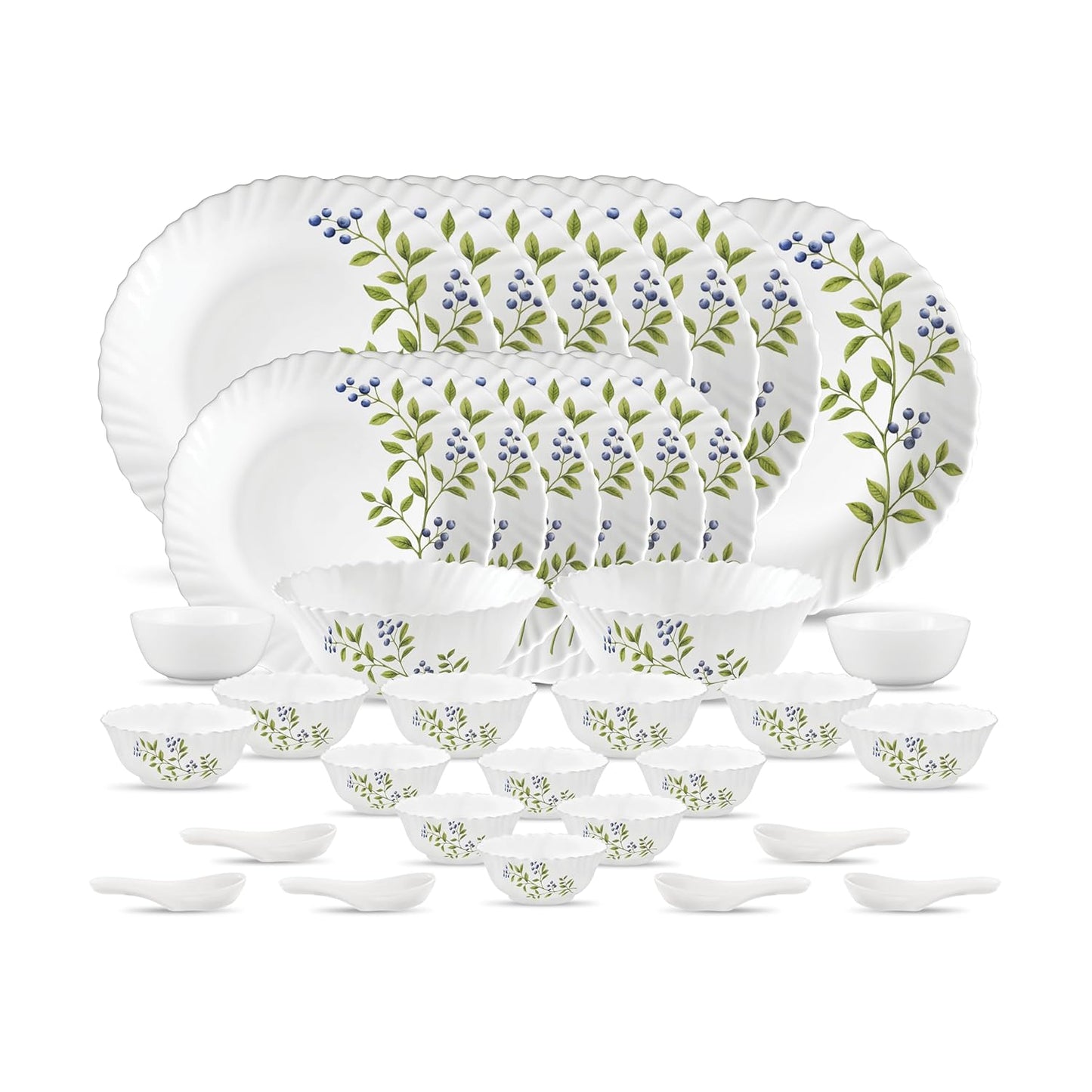 La Opala Novo Collection Opal Glass Crockery | for Family of 6 | Dinner Set 35 pcs Lush Greens | Plates & Bowls for Dining | Microwave Safe | 100% Vegetarian | Extra Strong | Light & White