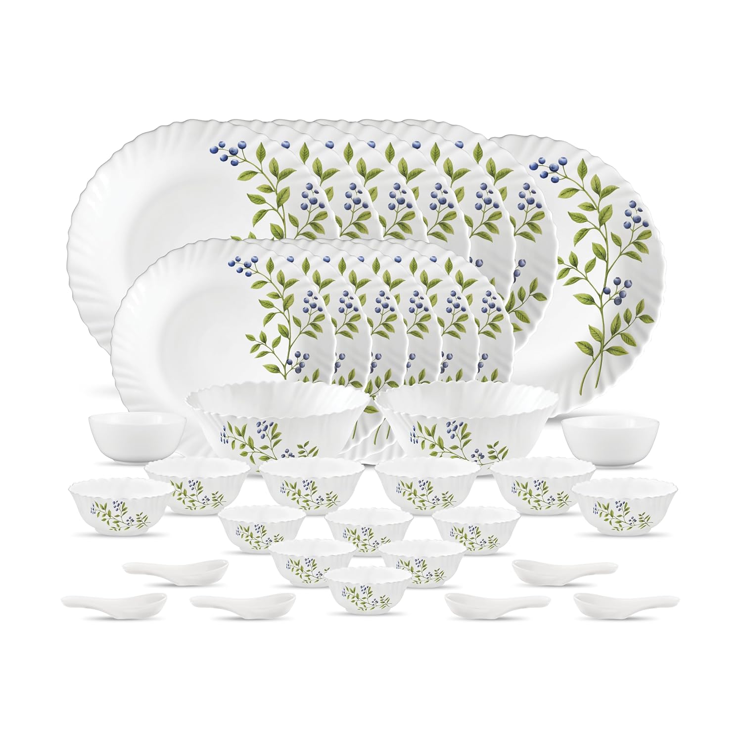 La Opala Novo Collection Opal Glass Crockery | for Family of 6 | Dinner Set 35 pcs Lush Greens | Plates & Bowls for Dining | Microwave Safe | 100% Vegetarian | Extra Strong | Light & White