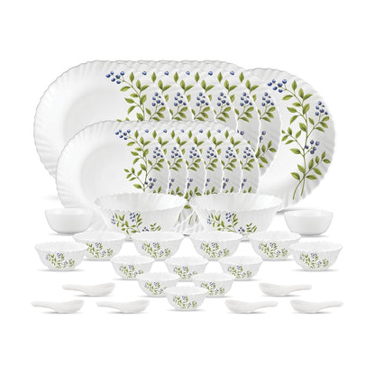 La Opala Novo Collection Opal Glass Crockery | for Family of 6 | Dinner Set 35 pcs Lush Greens | Plates & Bowls for Dining | Microwave Safe | 100% Vegetarian | Extra Strong | Light & White