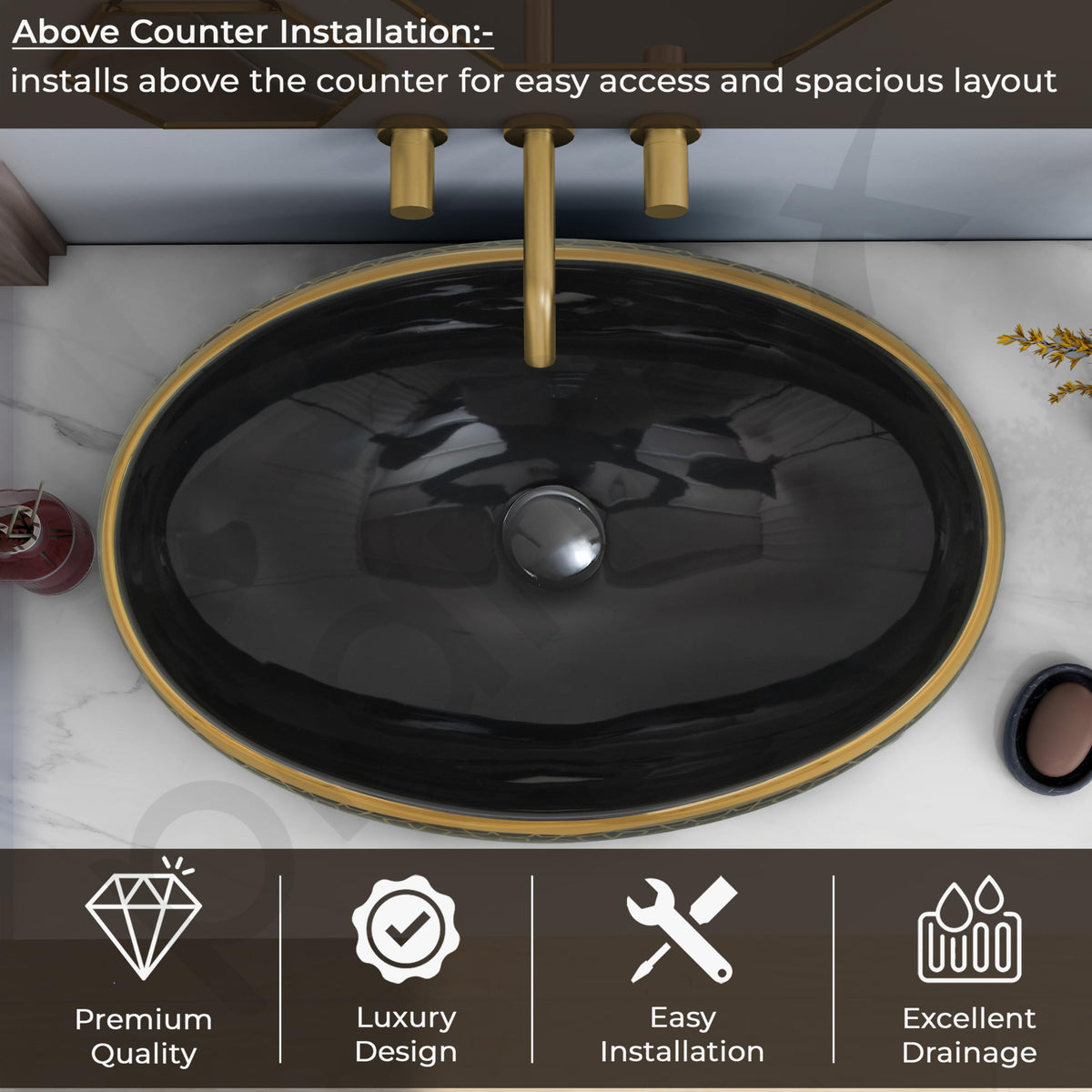 Plantex Ceramic Tabletop Washbasin for Bathroom/Designer Hand Wash Basin/Oval Vessel Sink Basin for Home/Hotel (23.5x16.5x6 Inch - Black & Gold)-5