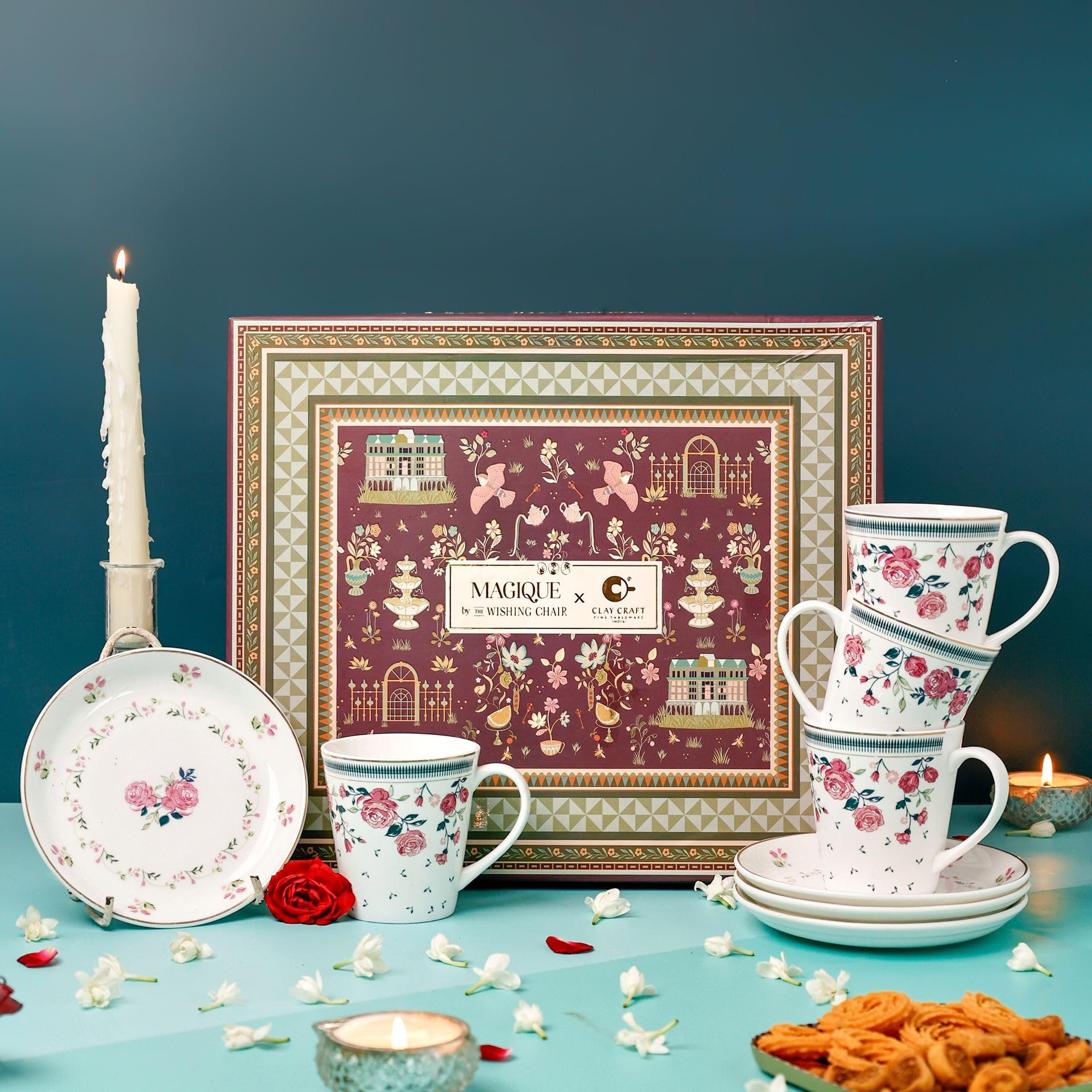 Magique by The Wishing Chair x ClayCraft : Portrait of a Rose - Glow Giftbox | Set of 2 Bowls & Platter | Dishwasher Safe | Festive Gifting | GiftBox Packaging