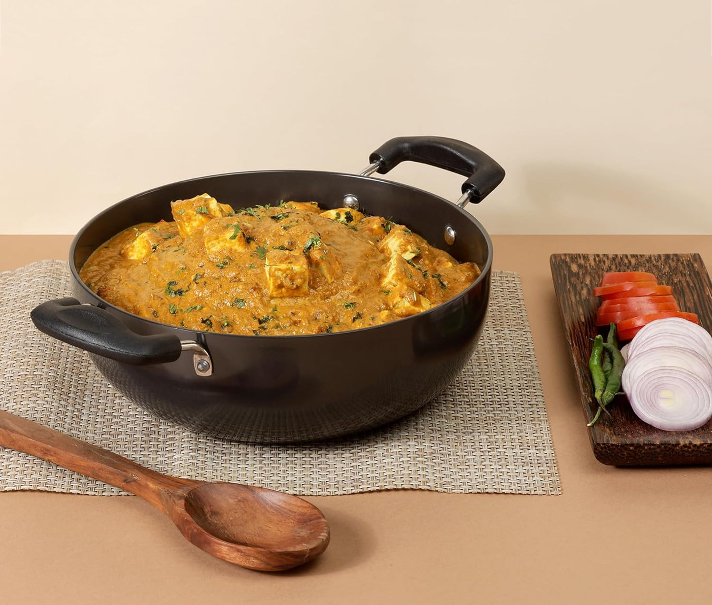 Vinod Black Pearl Hard Anodised Non Stick Deep Kadhai with Glass Lid - 9.5 LTR, 34 cm | 3.25mm Thickness | kadai for Cooking | Metal Spoon Friendly | 2 Year Warranty