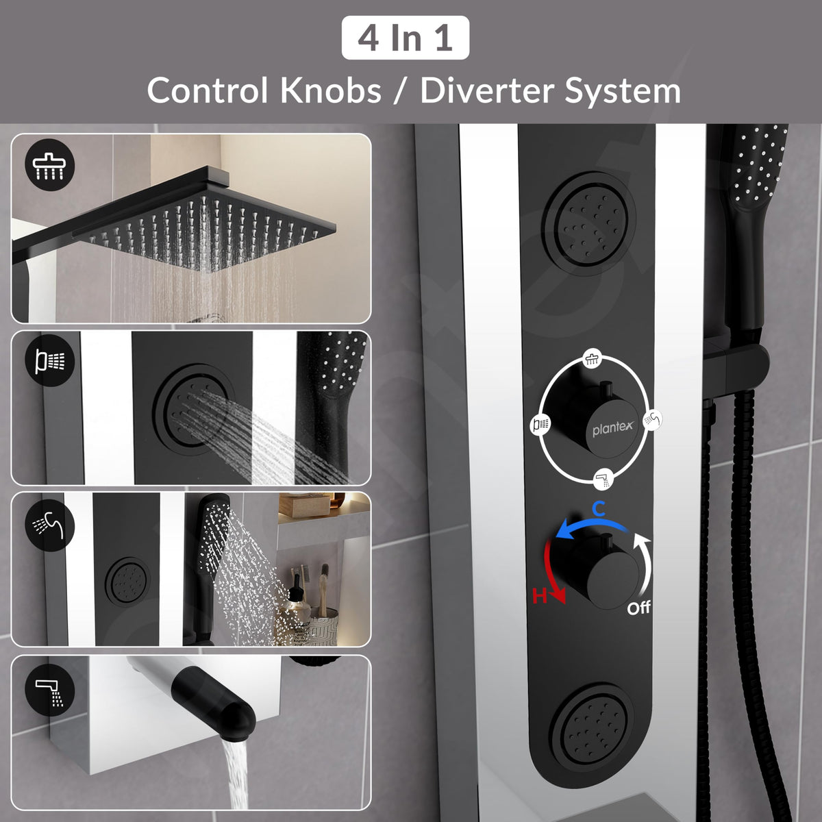 Plantex Shower Panel for Bathroom/304 Grade Stainless Steel Modern Shower System with Head Shower/Hand Shower & Massage Spray Jet for Bathroom - Pack of 1 (Chrome and Black, KM-8097)-5