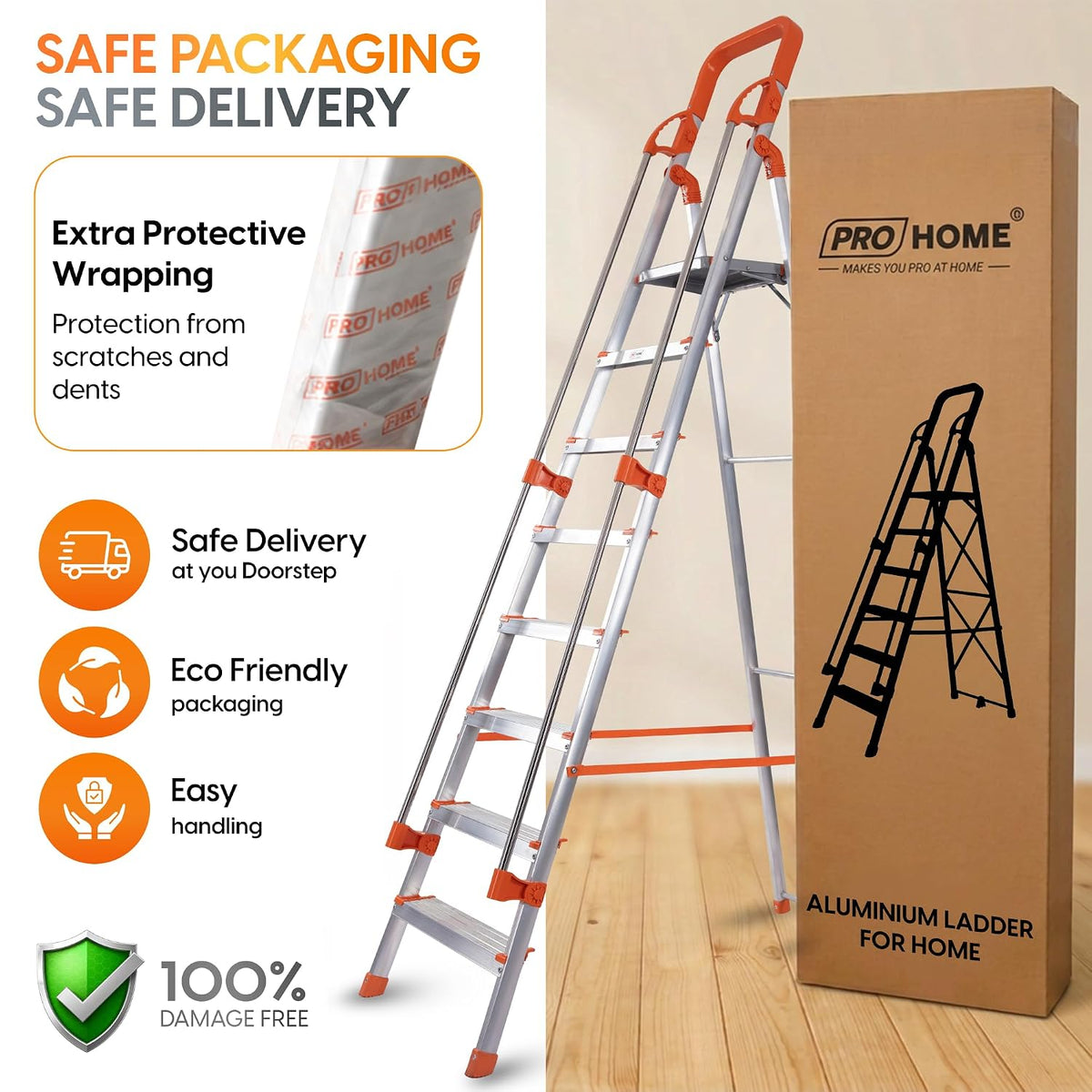 PROHOME Aluminium Ladder for Home 8 Steps Foldable with Railing & Anti-Skid Wide Steps | 8 Step Ladder for Home Use, Kitchen & Household | 270 Kg Capacity Folding Ladder | 5 Year Warranty (Orange)
