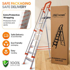 PROHOME Aluminium Ladder for Home 8 Steps Foldable with Railing & Anti-Skid Wide Steps | 8 Step Ladder for Home Use, Kitchen & Household | 270 Kg Capacity Folding Ladder | 5 Year Warranty (Orange)