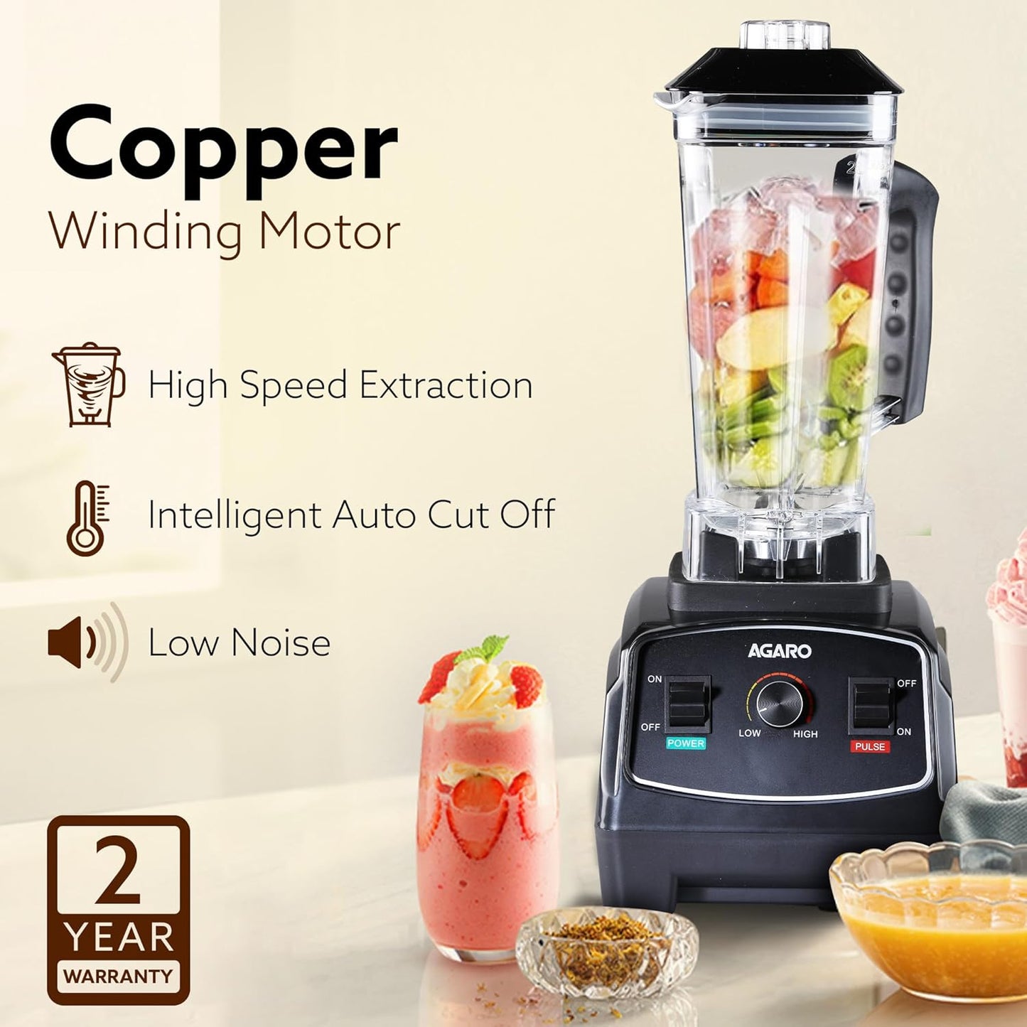 AGARO Grand Professional Blender/Grinder/Mixer, 2000 watts, 2 Litres BPA Free Jar, Commercial heavy duty blender, High Power & Speed Blender, 100% Copper Motor, Pulse Function, 8 Leaf SS Blade
