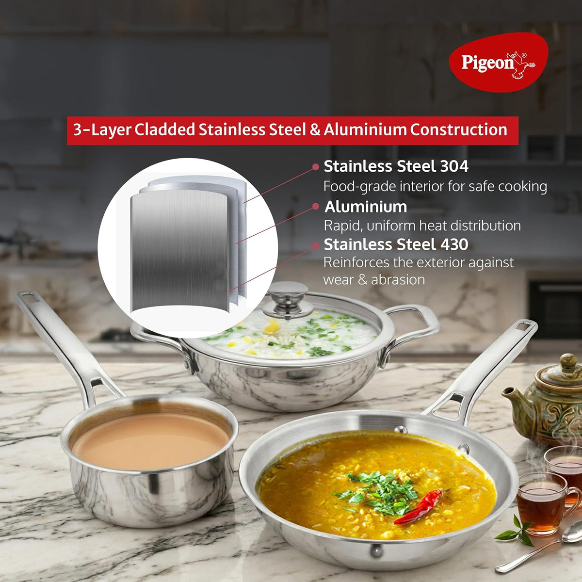 Pigeon Elite Stainless Steel Triply 4 Pcs Gift Set - 22cm (2L) Kadai, 22cm (1L) Frypan and 14cm (1.1L) Saucepan, Less Oi