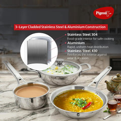 Pigeon Elite Stainless Steel Triply 4 Pcs Gift Set - 22cm (2L) Kadai, 22cm (1L) Frypan and 14cm (1.1L) Saucepan, Less Oi