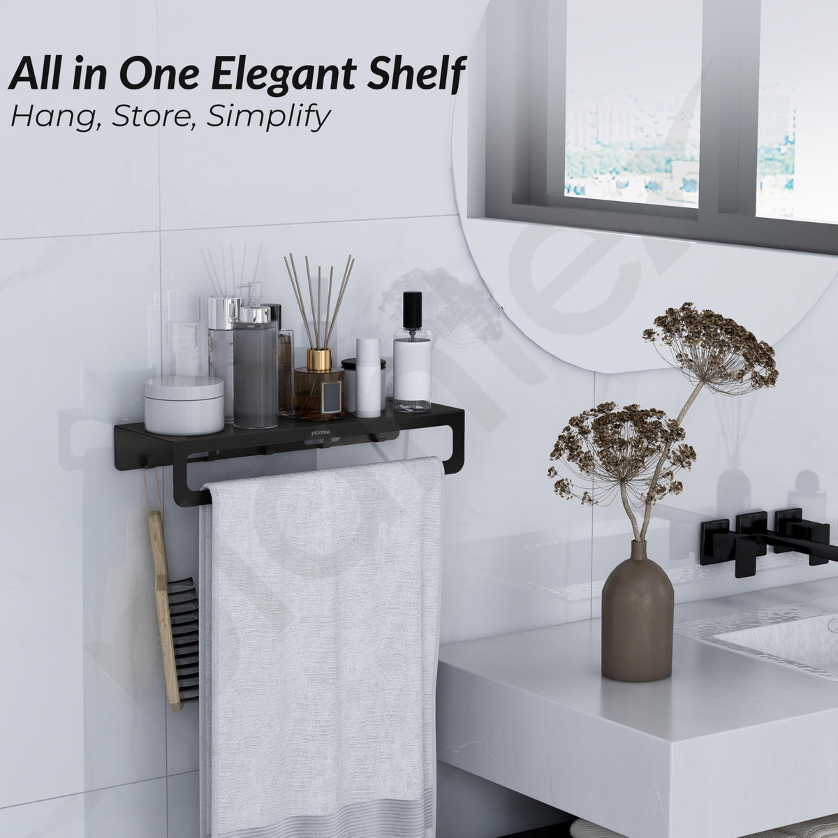 Plantex Alloy Steel No Drill Bathroom Organiser/Self Adhesive Wall Mount Multipurpose Shelf/Rack/Towel Rod/Hooks for Bathroom - Pack of 1 (15 x 5 Inch, Black)-3