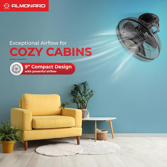 Almonard 225mm High Speed Cabin Fan, High Velocity Blades with Rust-resistant Coating, Single Speed Setting, Cabin Fan for Office, Retail Kiosks, Available in Black