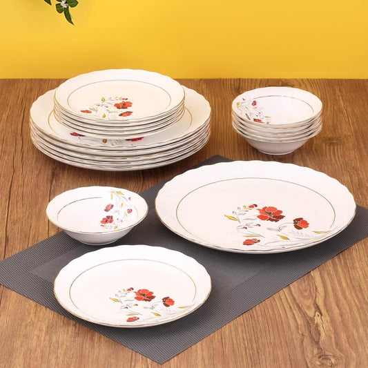 Clay Craft Fine Quality Ceramic Printed Dinner Set 18 Pieces Set, White, (MW-159), For Family of 6, Dinner Set Ceramic, Crockery Set, Dining Set for Dinner, Plates and Bowls Set, Crockery Set for Gift