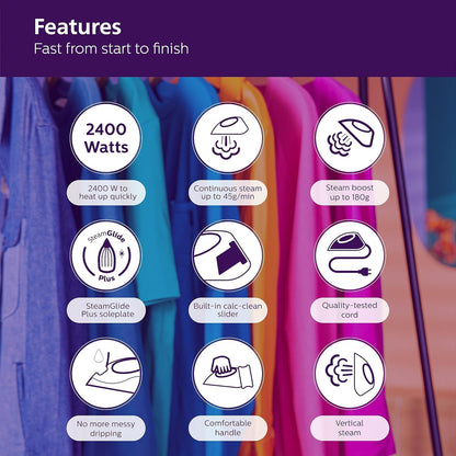 PHILIPS Plastic Domestic Appliances Steam Iron Dst5030/80 2400 Watts Quick Heat Up with Up to 45 G/Min Steam 180 G Steam Boost Steamglide Plus Soleplate Vertical Steam