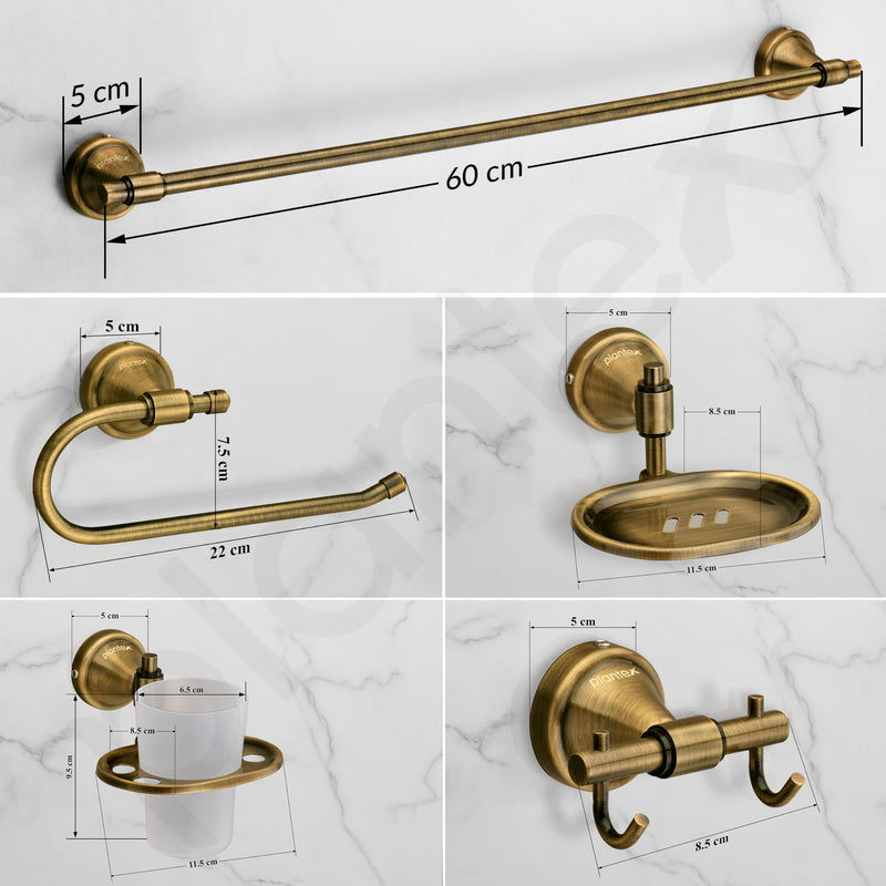 Plantex 304 Grade Stainless Steel Bathroom Accessories Set of 5 - Towel Rod/Hand Napkin Hanger for Wash Basin/Soap Case/Toothbrush Holder/Robe Hook - Niko (Brass Antique)-2