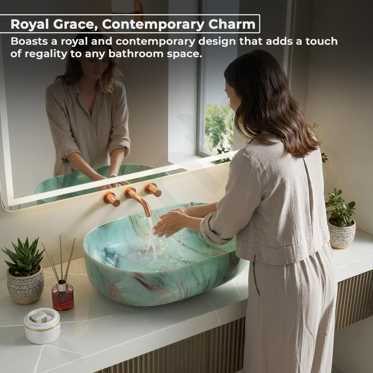 Plantex Ceramic Matt Tabletop Wash Basin for Bathroom/Designer Hand Wash Sink/Oval Countertop Bathroom Sink/Home/Office (21.5 x 13.5 x 6 Inch)-5