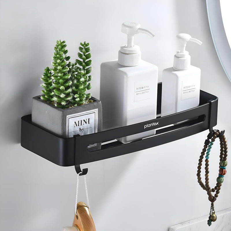Plantex Bathroom Shelf for Wall/Space Aluminium Wall Mounted Shelf for Bathroom with Removable Hooks/Floating Shelf/Bathroom Organiser - 12x5 inches, Black (Pack of 1)-1