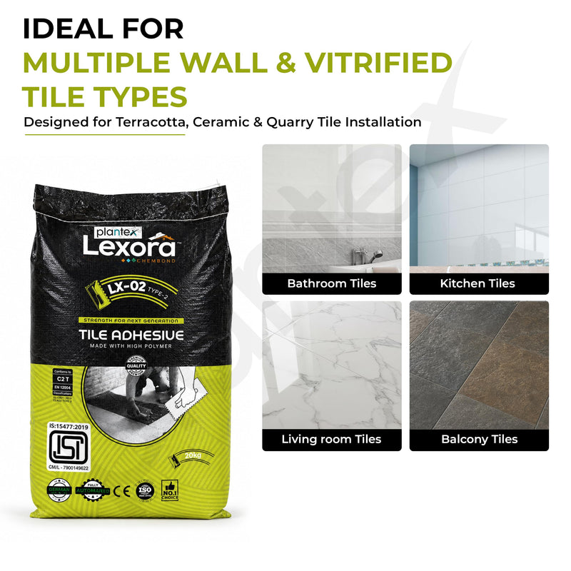 Plantex Lexora Tile Adhesive for Terracotta/Ceramic & Quarry Tiles/Polymer Modified Cement Adhesive for Floor & Wall Tiles Fixing/ Kitchen & Bathroom‚ Use - 20kg (LX-02, Grey)-2