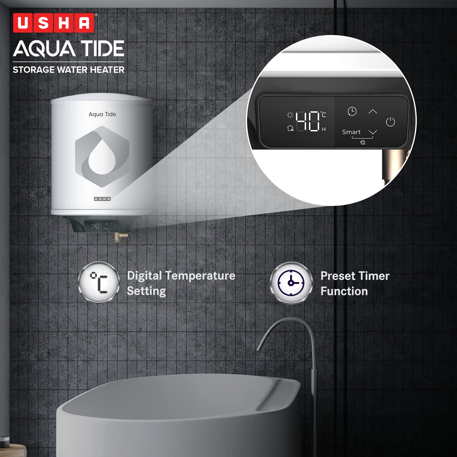 Usha Aqua Tide 15 Litre 5 Star Digital Storage Water Heater (White)