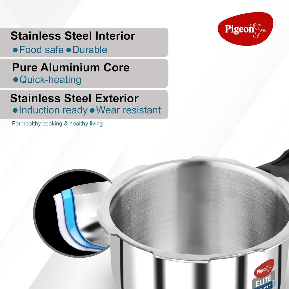 Pigeon by Stovekraft Elite Shine Tri-Ply Body Outer Lid Pressure Cooker, Induction and Gas Stove Compatible
