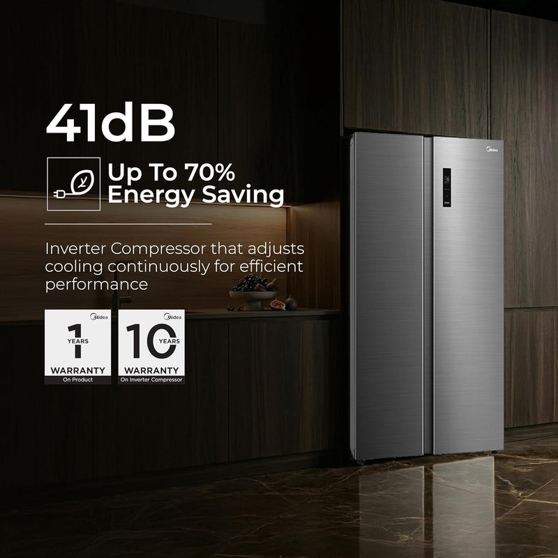 Midea 563 L Inverter Compressor with Multi Air Flow Cooling, Digital Display, Side by Side Refrigerator (MDRS710FGF46, Portable Ice Maker, Frost Free, Bru-Steel Finish)