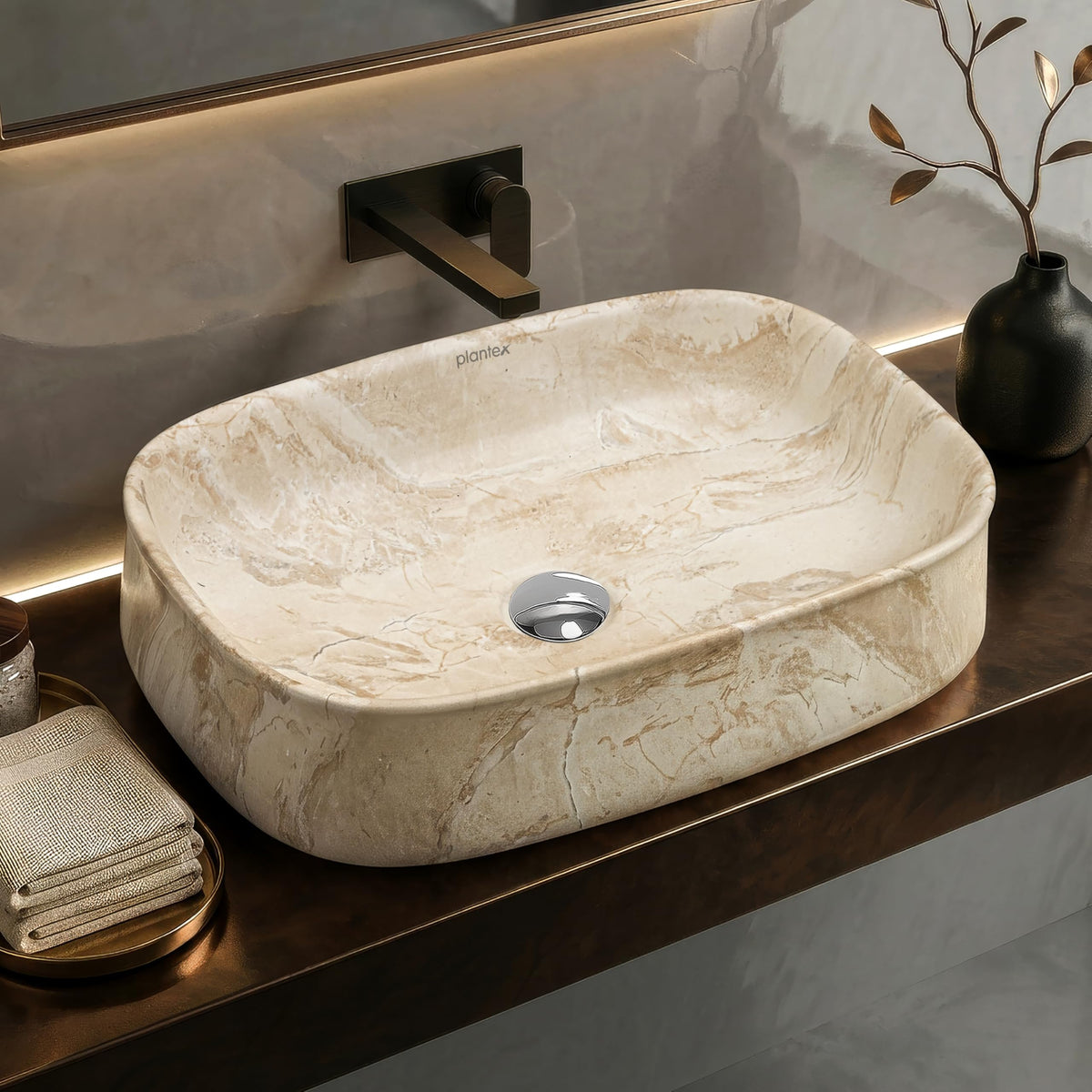 Plantex Wash Basin for Bathroom/Ceramic Table Top Washbasin/Countertop Vessel Sink Basin - (Cream Marble, 21.5 x 15 x 6 Inch)-1