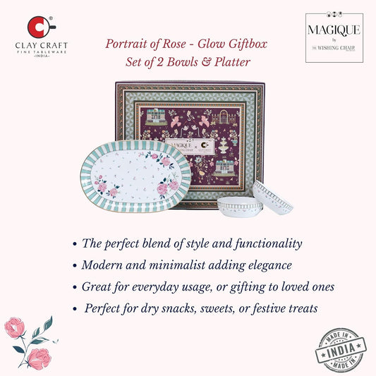 Magique by The Wishing Chair x ClayCraft : Portrait of a Rose - Glow Giftbox | Set of 2 Bowls & Platter | Dishwasher Safe | Festive Gifting | GiftBox Packaging