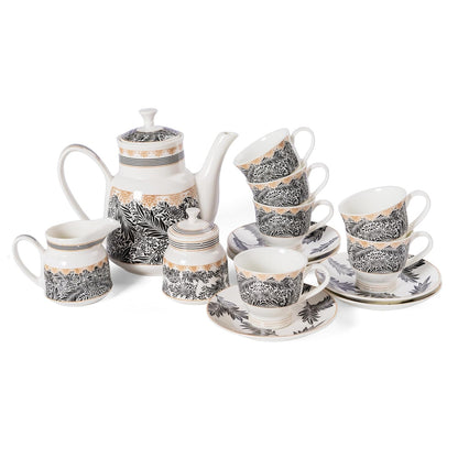 Clay Craft Fine Ceramic Tea Set of 15-1 Tea Pot with Lid +6 Cups+6 Saucers +1 Milk Pot + 1 Sugar Pot (Classic Super S311)