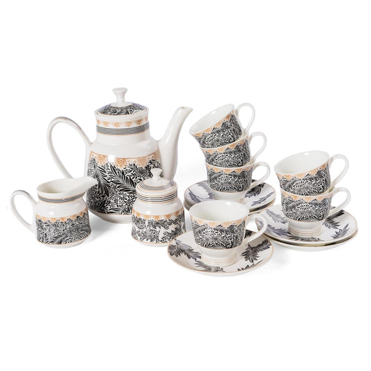 Clay Craft Fine Ceramic Tea Set of 15-1 Tea Pot with Lid +6 Cups+6 Saucers +1 Milk Pot + 1 Sugar Pot (Classic Super S311)