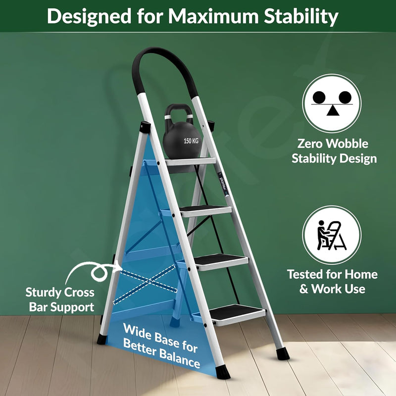 Plantex Ladder for Home 4 Steps/Foldable Ladder with Anti-Skid Wide Steps (30L x 20W cm)/Strong D-Shape Pipe with X-Support for More Stability/5 Year Warranty(Apex-White)