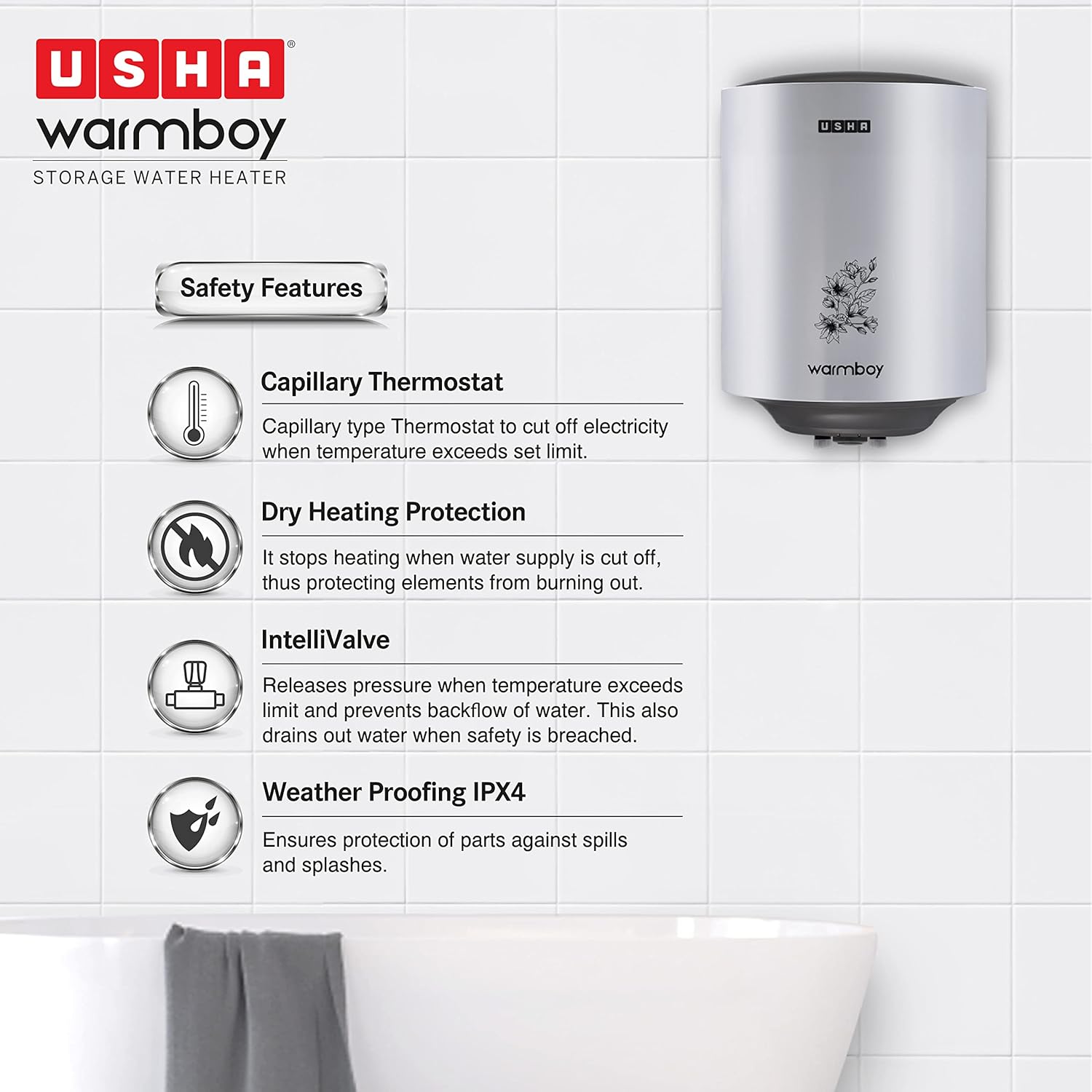 Usha Warmboy 15 Litre Storage Wall Water Heater (White)