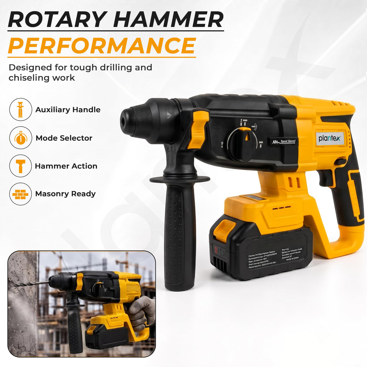 Plantex 4-in-1 Cordless Power Tool Kit 21V/Brushless Drill, Impact Wrench, Rotary Hammer & Angle Grinder/3 Batteries & Case Yellow (APS-ML004)-6