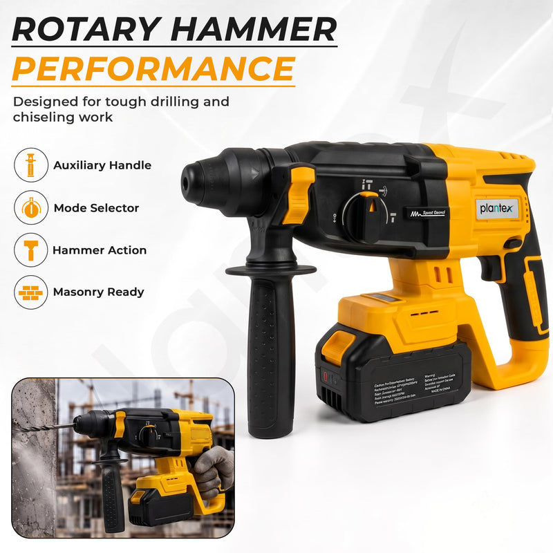 Plantex 4-in-1 Cordless Power Tool Kit 21V/Brushless Drill, Impact Wrench, Rotary Hammer & Angle Grinder/3 Batteries & Case Yellow (APS-ML004)-6