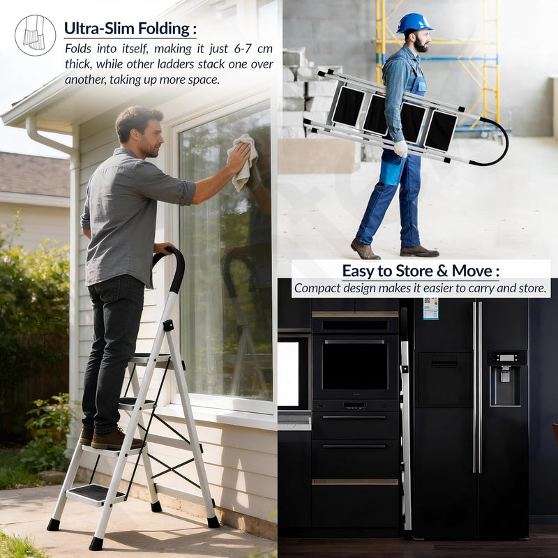 Plantex Ladder for Home 4 Steps/Foldable Ladder with Anti-Skid Wide Steps (30L x 20W cm)/Strong D-Shape Pipe with X-Support for More Stability/5 Year Warranty(Apex-White)