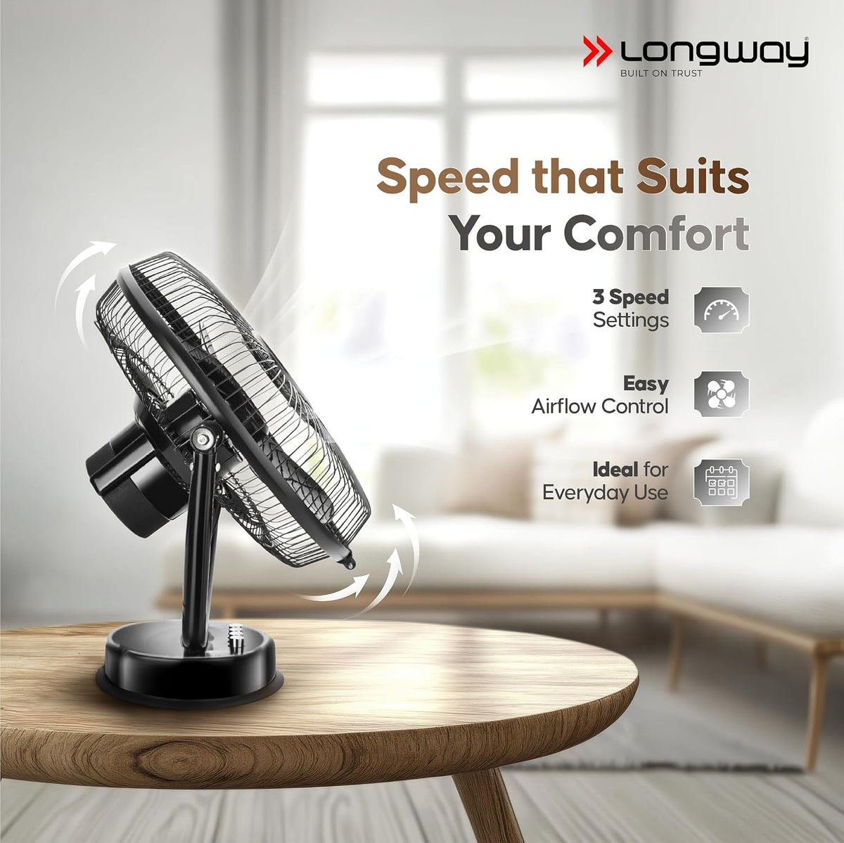 LONGWAY Speedy P1 300 mm/12 inch Ultra High Speed 3 Blade Anti-Dust Decorative Star Rated Table Fan (Black)-4