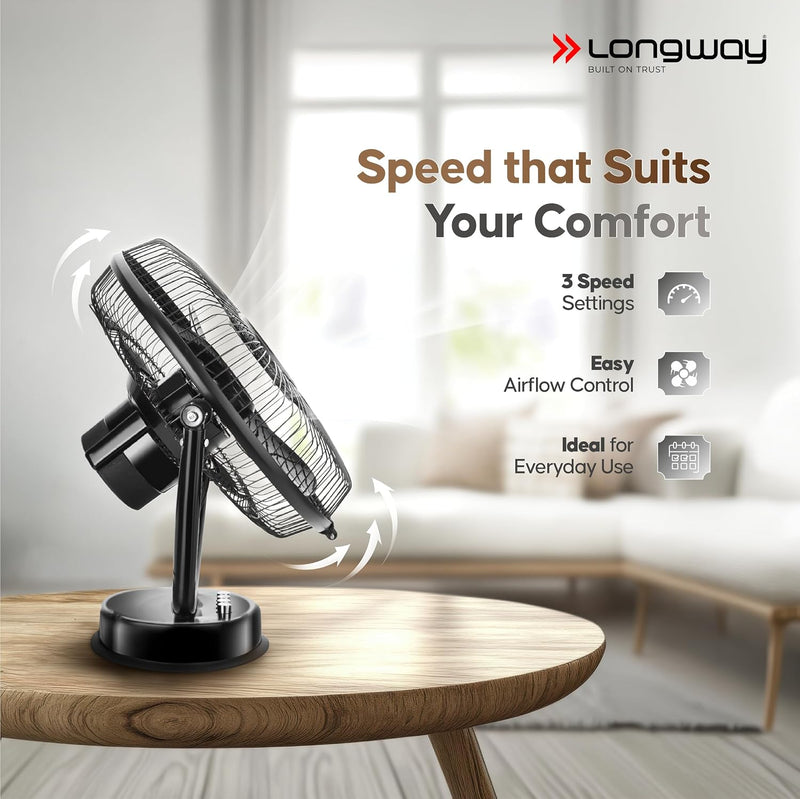 LONGWAY Speedy P1 300 mm/12 inch Ultra High Speed 3 Blade Anti-Dust Decorative Star Rated Table Fan (Black)-4