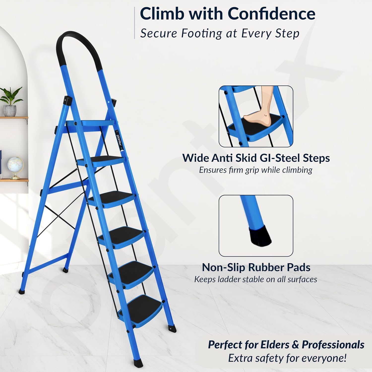 Plantex Premium 6 Step Ladder/Steel Ladder for Home Use/Wide Anti Skid Step Ladder/Non-Slip Handgrip(Blue & Black)