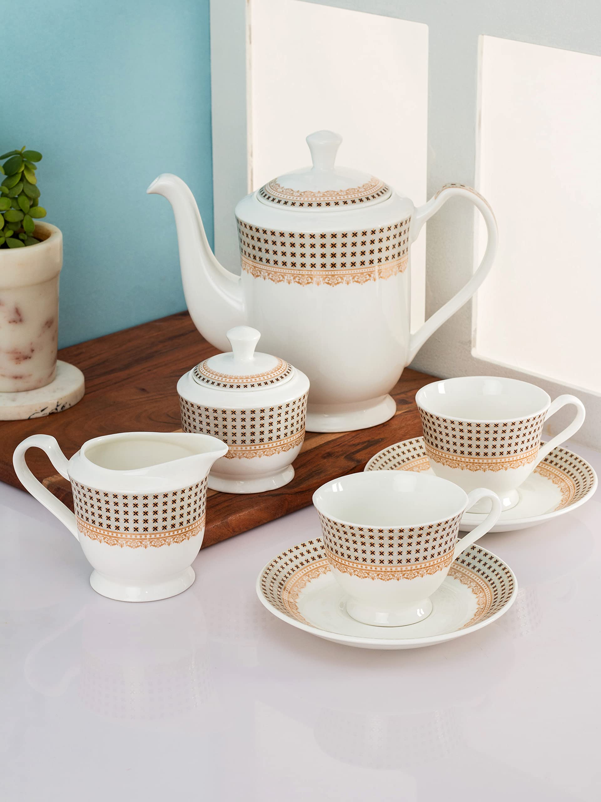 Clay Craft Fine Ceramic Tea Set of 15 (1 Tea Pot with Lid +6 Cups+6 Saucers +1 Milk Pot + 1 Sugar Pot) Can be Gifted to Any Ocassion to Your Loved Ones (Design 1 - Floral)
