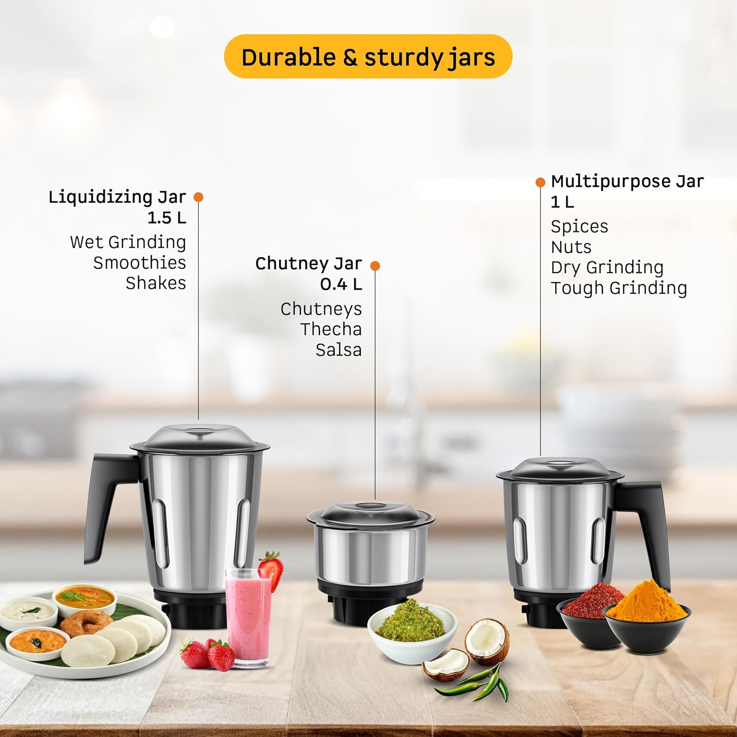 Atomberg Xiana 750 Watt Mixer Grinder | 3 Multipurpose Stainless Steel Jars | Coarse Mode for Silbatta-Like Textures | Powerful Intelligent Motor | Easy Fault LED Indication | Snow White