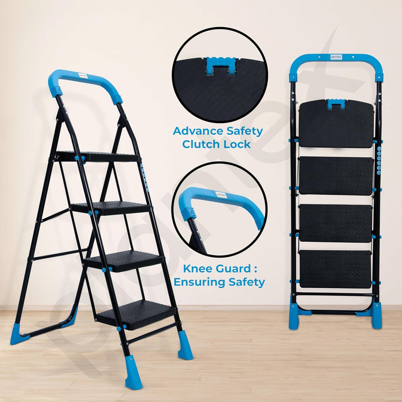 Plantex Stylo Heavy-Duty Mild-Steel Folding 4 Step Ladder for Home with Advanced Locking System/Wide Anti-Skid Step Ladder (Black & Blue)