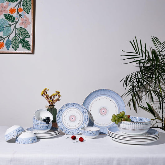 Magique by The Wishing Chair x ClayCraft : River of Flowers 20-Piece Ceramic Dinner Set with Gold | Floral Plates & Bowls | Elegant Glossy Finish | Perfect for Family Dinners | Festive Gifting