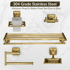 Plantex 304 Grade Stainless Steel Bathroom Accessories Set of 5 - Towel Stand/Napkin Ring/Soap Dish/Toothbrush Holder/Robe Hanger - Squaro (Brass Antique)-4