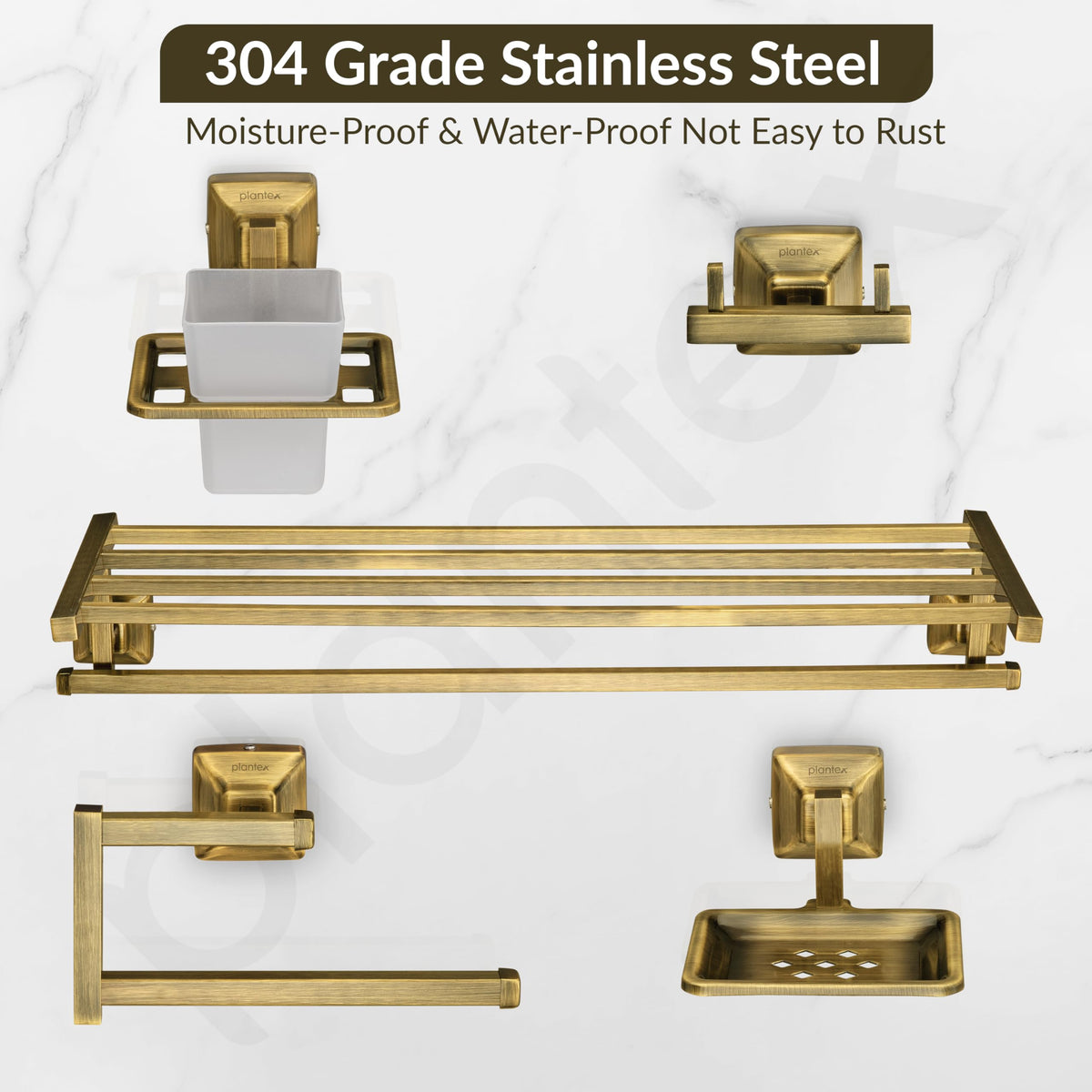 Plantex 304 Grade Stainless Steel Bathroom Accessories Set of 5 - Towel Stand/Napkin Ring/Soap Dish/Toothbrush Holder/Robe Hanger - Squaro (Brass Antique)-4
