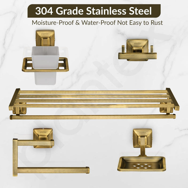 Plantex 304 Grade Stainless Steel Bathroom Accessories Set of 5 - Towel Stand/Napkin Ring/Soap Dish/Toothbrush Holder/Robe Hanger - Squaro (Brass Antique)-4