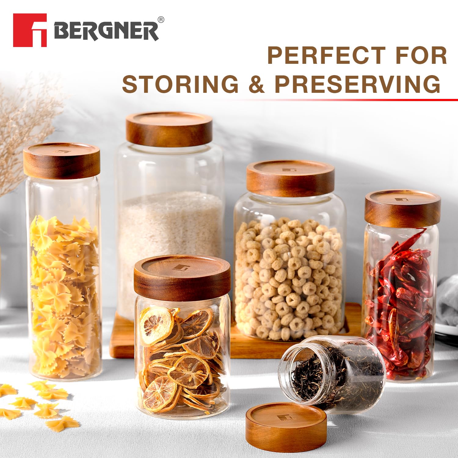 Bergner Acadia Borosilicate Glass Jars with Solid Wood Lid, Set of 2 Jars, 120ml Each, For Storing and Preserving Sugar, Flour, Tea, Coffee, Spices, Biscuits, Oats | Multipurpose Container for Kitchen