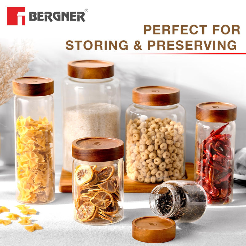 Bergner Acadia Borosilicate Glass Jars with Solid Wood Lid, Set of 2 Jars, 120ml Each, For Storing and Preserving Sugar, Flour, Tea, Coffee, Spices, Biscuits, Oats | Multipurpose Container for Kitchen